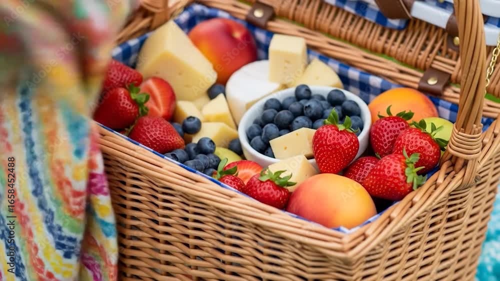 Picnic Basket Overflowing with Fresh Strawberries, Blueberries, Cheese, and Peaches, with a Colorful Blanket Picnic Basket Overflowing with Fresh Strawberries, Blueberries, Cheese, and Peaches, with a Colorful Blanket