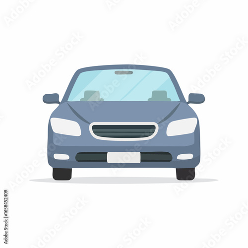 Front View of Automobile in Blue Gray with Reflective White Headlights