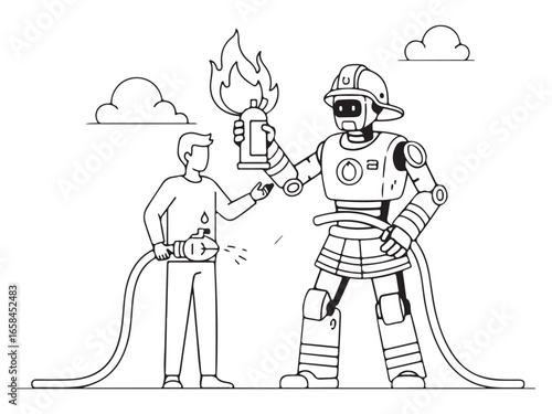 Fireman robot helps man deal with fire, vector illustration