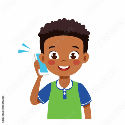 Smiling African American cartoon boy talking on a smartphone representing happy child communication