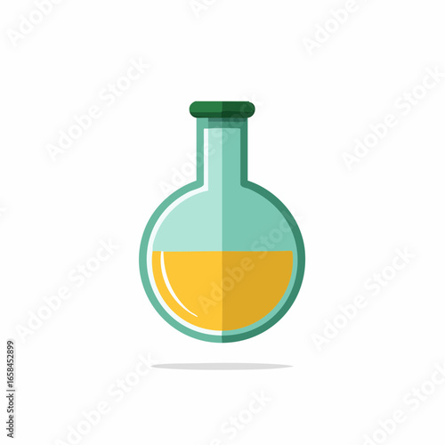 Flat design science flask with yellow liquid and green stopper for research or chemistry