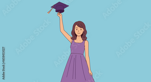 Celebrating Graduation Achievements - Young Woman in Purple Dress Holding Graduation Cap Up High, Joyful Academic Success, College or University Graduation Ceremony, Positive Milestone Celebration