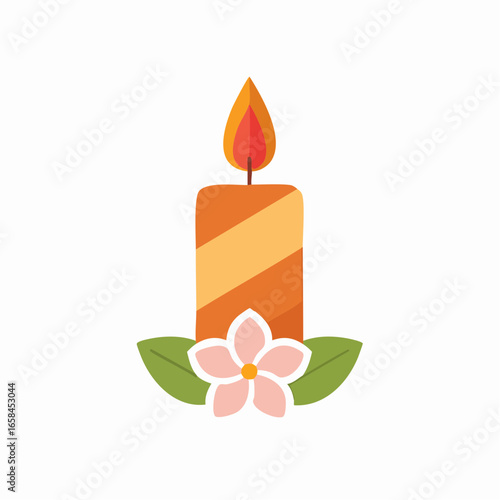 Burning orange candle with yellow stripe and pink flower with green leaves for decoration element