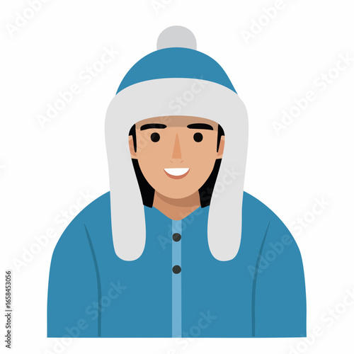 Smiling person wearing a blue winter hat with fur lining and matching jacket