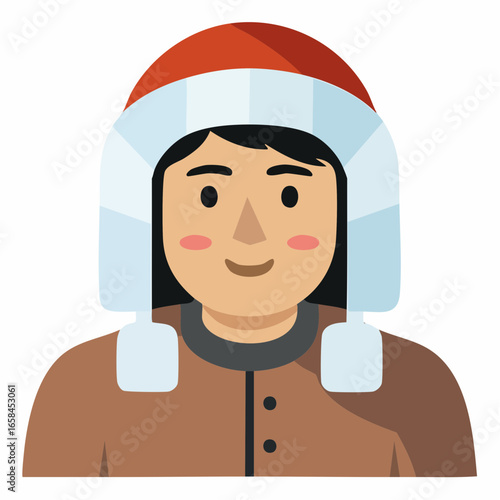 Smiling flat design character wearing a red and light blue winter hat and warm brown coat for cold weather