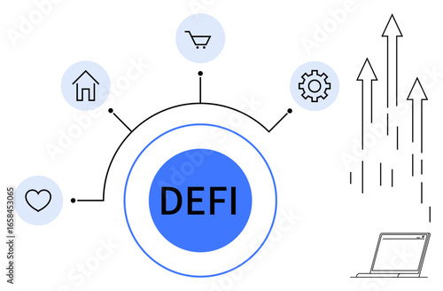 DEFI hub connects icons for home, shopping, technology, and finance, linked to growth arrows and laptop. Ideal for fintech, cryptocurrency, innovation, economy efficiency progress simple flat