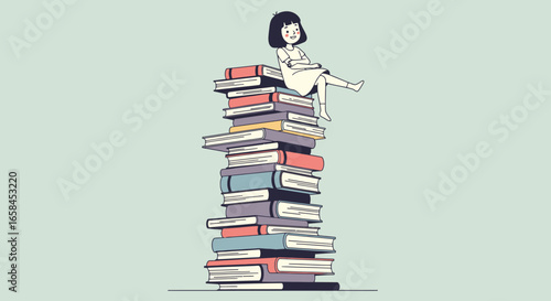 Creative Illustration of a Young Girl Sitting on a Tower of Books, Representing Knowledge, Learning, Education, Growth, and Imagination, with a Playful and Whimsical Style Suitable for Educational,