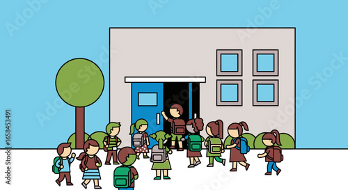 Group of Happy Children Carrying Backpackers and Learning Outside School Building in the Schoolyard during Morning Recess, Education and Childhood Development Concept, Bright and Cheerful Illustration