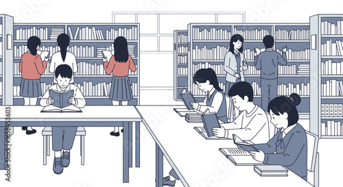 Modern Library Scene with Diverse Students Studying and Reading Books in a Quiet Academic Environment Designed for Educational Content, Knowledge Sharing, and Literacy Promotion