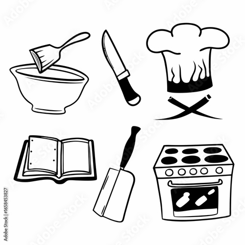 Illustration of cooking tools and equipment isolated on white background for culinary design