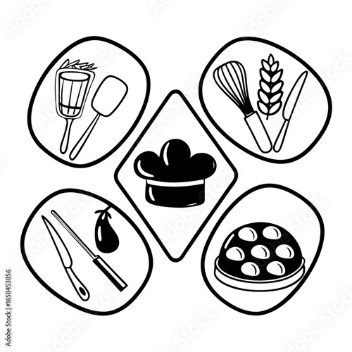 Illustration of cooking related icons isolated on white background for culinary design and decoration