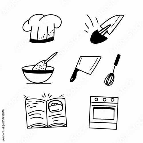Illustration of cooking tools and equipment isolated on white background for culinary design concept