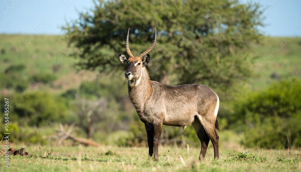 Fototapeta premium Waterbuck standing in a grassy field.