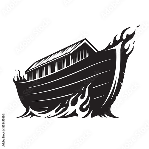 Simplified black and white illustration of noah's ark sailing through water with flames