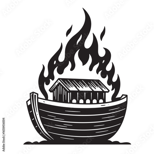Symbolic illustration of a burning ark representation with a biblical and religious connotation