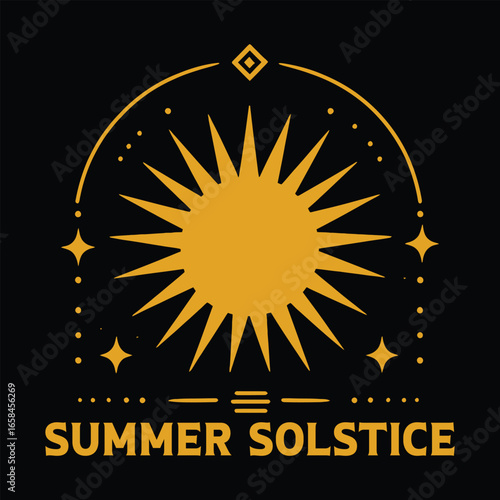 Golden sun and stars graphic with summer solstice text