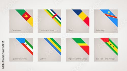 Corner slanted ribbon flags of  Cameroon, CAR, Chad, DR Congo, Congo, Equatorial Guinea, Gabon, Sao Tome and Principe