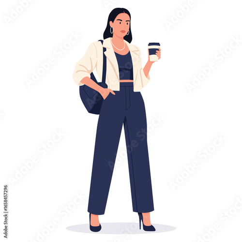 flat vector of character female as office worker holding coffee paper cup