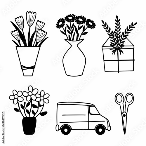 Hand drawn floral arrangement and delivery van isolated on white background, perfect for adding a touch of nature