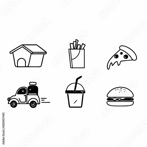 Food delivery service icons set with pizza, burger, fries, drink, and truck isolated on white background