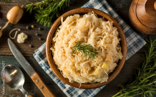 Wooden bowl with sauerkraut top view