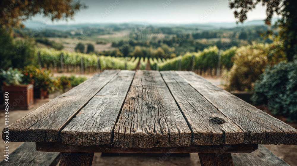 Fototapeta premium Rustic wooden table overlooking a serene vineyard landscape, evoking a sense of peacefulness and connection with nature.