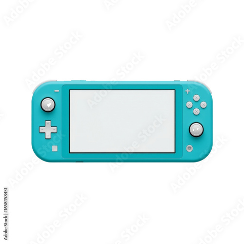 Isolated cyan handheld gaming console on transparent backdrop for digital entertainment