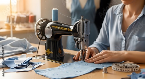 A skilled artisan carefully guides fabric under the needle of a vintage sewing machine, creating a beautiful garment with precision and dedication. The warm light enhances the scene.