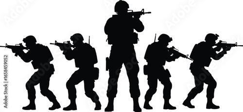 Silhouettes of armed soldiers, tactical combat stance, military formation, black isolated figures, rifle ready, defense, warfare, teamwork, protection, mission