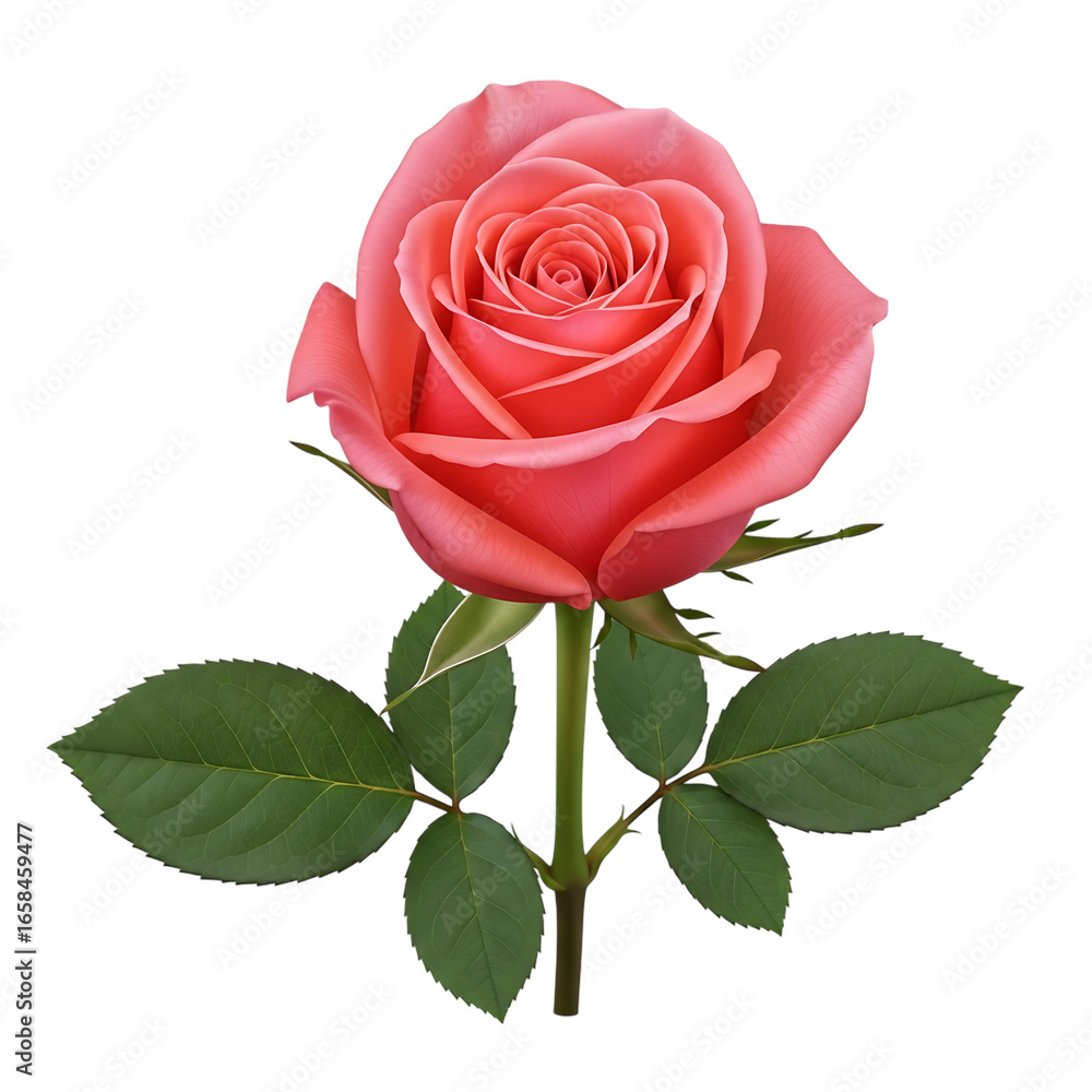 Fototapeta premium Single pink rose with green leaves isolated on transparent background