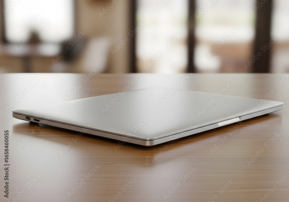 Silver Laptop on Wooden Table, Modern Home Office Workspace Silver Laptop on Wooden Table, Modern Home Office Workspace