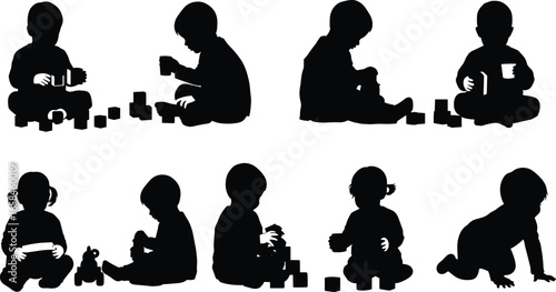 Silhouettes of children playing with toys, sitting, crawling, early development, black isolated figures, toddler activity, learning, interaction, childhood, growth