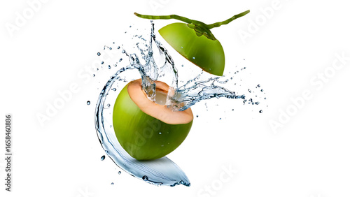 A young green coconut splashing with coconut water, cut out