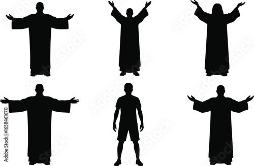 Wallpaper Mural Silhouettes of people in robes and casual wear, arms raised, spiritual pose, black isolated figures, gesture, standing, expression, clothing Torontodigital.ca