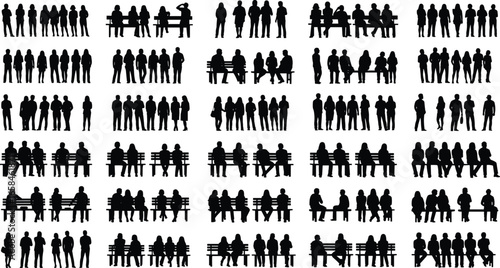 Silhouettes of people sitting and standing, group interaction, bench poses, social behavior, black figures, posture variety, human arrangement, isolated

🔑 Keywords (all in one line, SEO maintained):