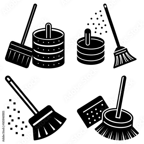 Illustrative arrangement of cleaning tools including brooms and scrubbers in a monochrome style art