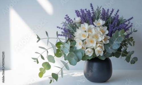Floral arrangement lavender, white flowers, eucalyptus in dark vase