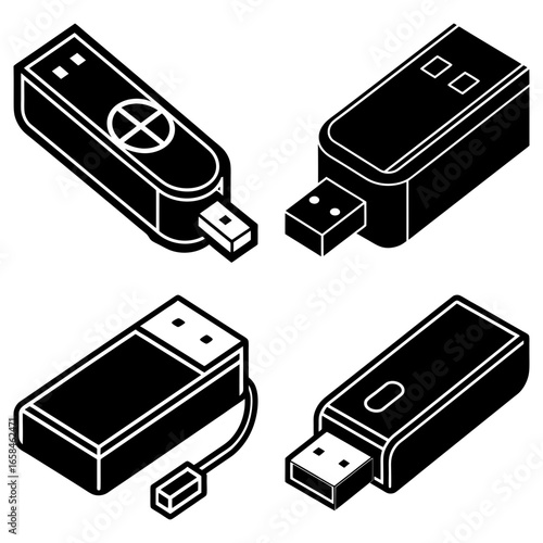Isometric illustration of four usb flash drives with different designs and shapes in black and white