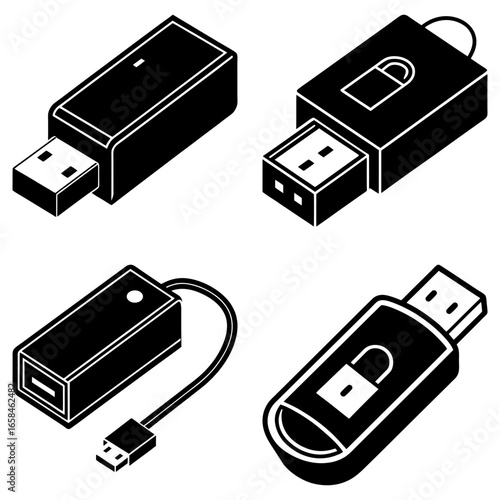 Isometric view of four usb drives with varying designs and security features in black and white style