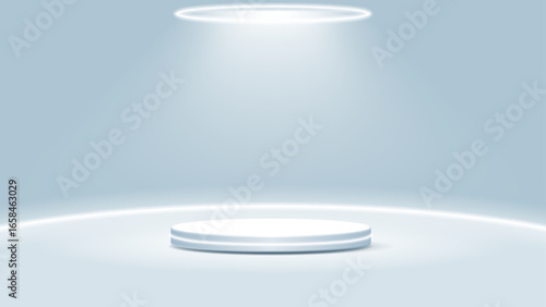Light blue and white cylinder podium background, product display stand is highlighted against glowing lines backdrop
