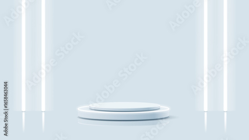 Light blue and white cylinder podium background with neon light, product display stand is highlighted against glowing lines backdrop