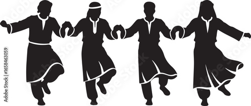 Silhouette of four people holding hands in a circle dance