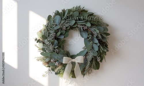 Floral wreath with silver dollar eucalyptus and cedar hanging on white wall