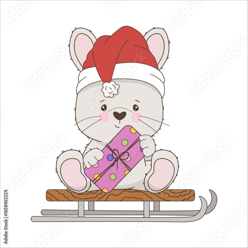 Adorable vector illustration of a cute cat dressed as Santa sitting on a sledge while delivering a colorful gift. Perfect for holiday-themed projects and festive greetings.