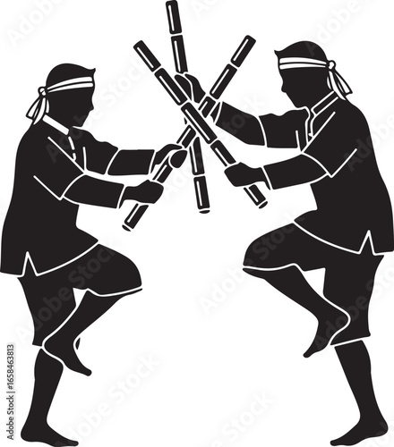 Two men performing a stick dance martial arts combat