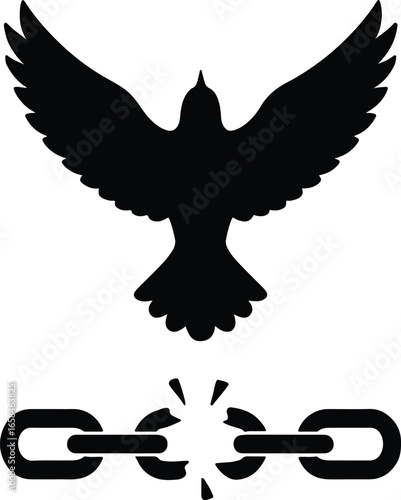 Vector freedom concept dove flying above broken chain silhouette Illustrator