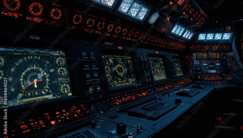 Obraz premium Futuristic control room with glowing monitors tracking nuclear operations precision