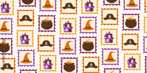 Halloween postage stamps seamless pattern. Vintage spooky background with haunted house, witch hats, pirate hats, and cauldrons. Retro autumn holiday design for fabric, wallpaper, and gift wrap