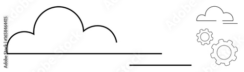 Abstract cloud silhouette paired with straight lines and gears symbolizing technology, innovation, cloud computing, and automation. Ideal for tech development, data analysis, software platforms