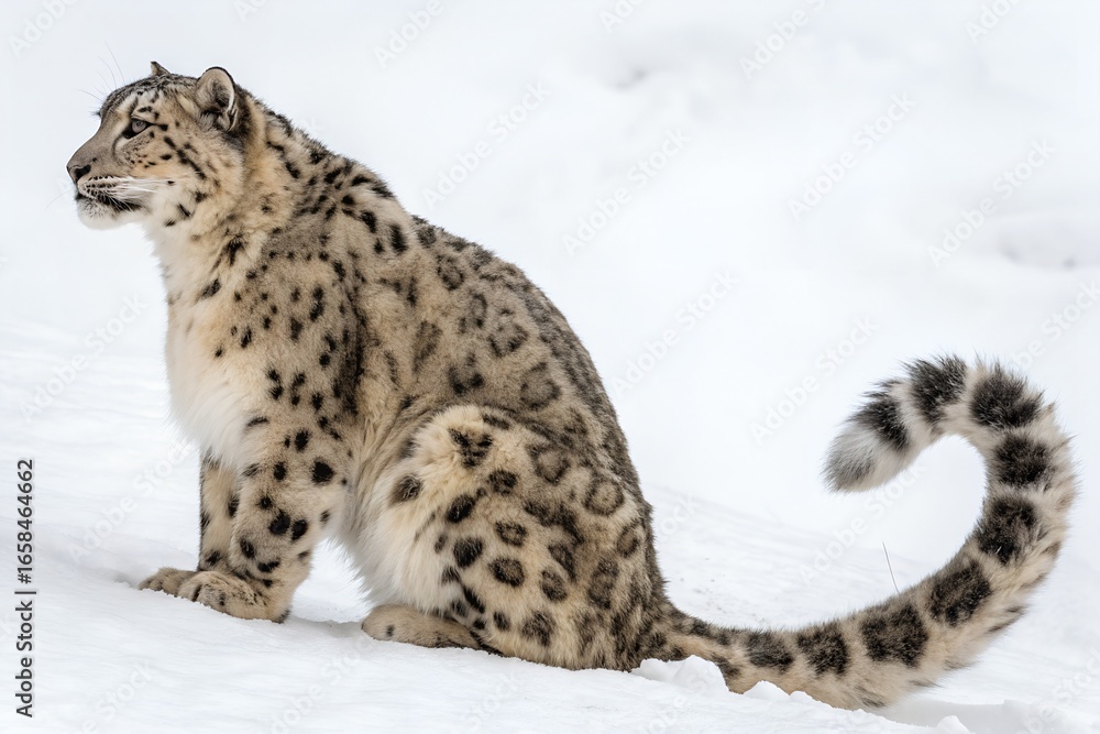 Fototapeta premium A snow leopard sitting calmly with its tail wrapped around
